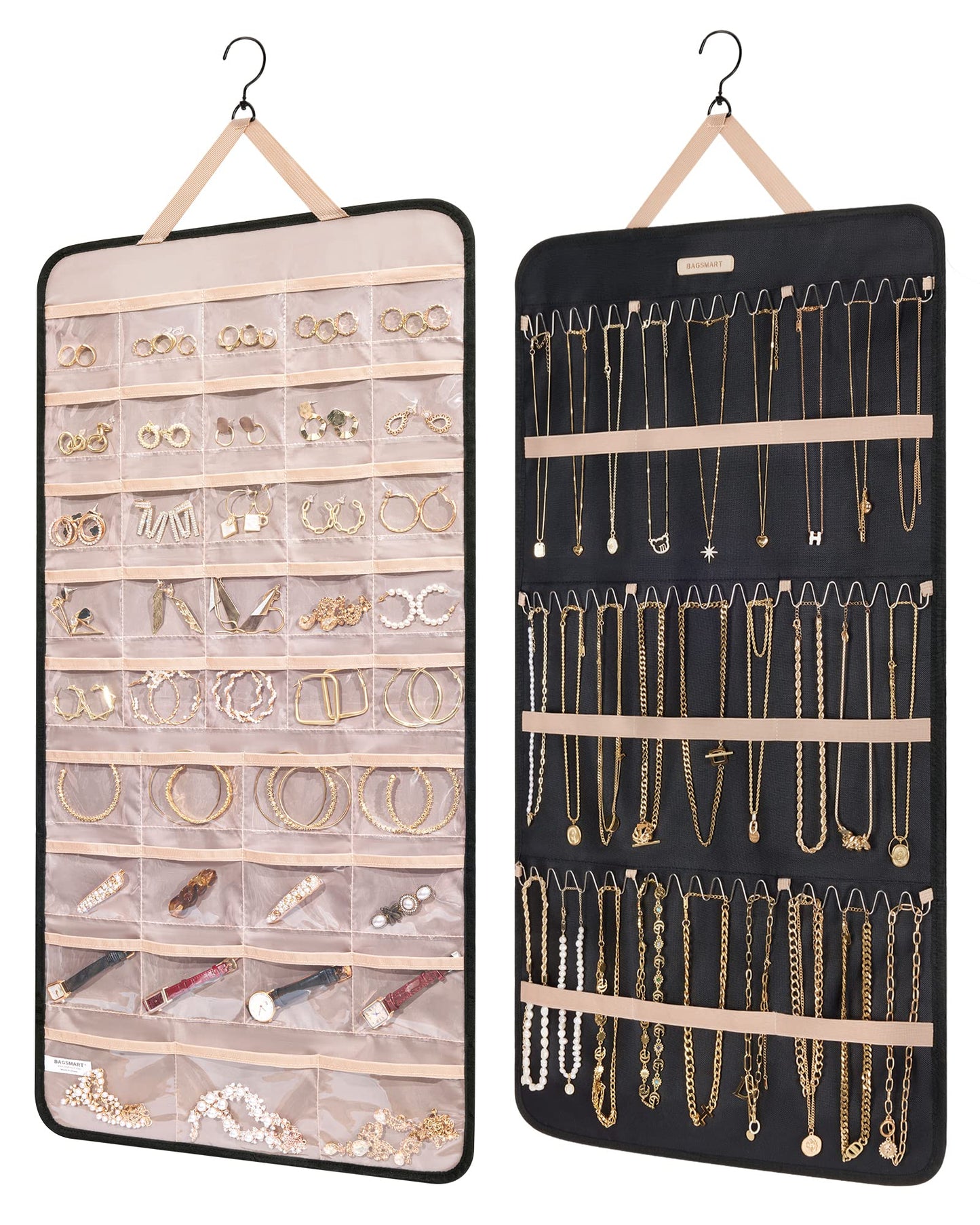 BAGSMART Hanging Jewelry Organizer Storage Roll with Hanger Metal Hooks Double-Sided Jewelry Holder for Earrings, Necklaces, Rings on Closet, Wall, Door, 1 piece, Medium, Pink