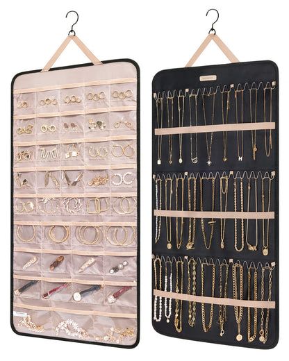 BAGSMART Hanging Jewelry Organizer Storage Roll with Hanger Metal Hooks Double-Sided Jewelry Holder for Earrings, Necklaces, Rings on Closet, Wall, Door, 1 piece, Medium, Pink