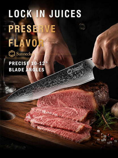 Sunnecko 8 Inch Japanese Damascus Chef Knife - Ultra Sharp VG10 Steel | 10-12 Degree Edge 67 Layers Kitchen Cooking Knives for Meat, Vegetable Fruit, Full Tang, Camping BBQ Gifts for Men