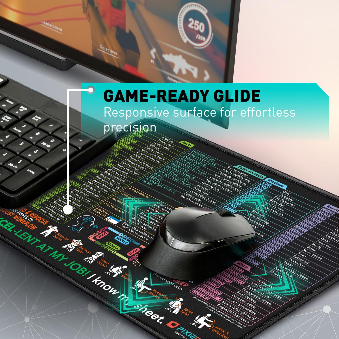Pixiecube Excel Cheat Sheet Desk Pad | Excel Shortcut Keys Mouse Pad | Extended Large XL Gaming Mousepad | PC Office Spreadsheet Keyboard Mat | Non-Slip Stitched Edge