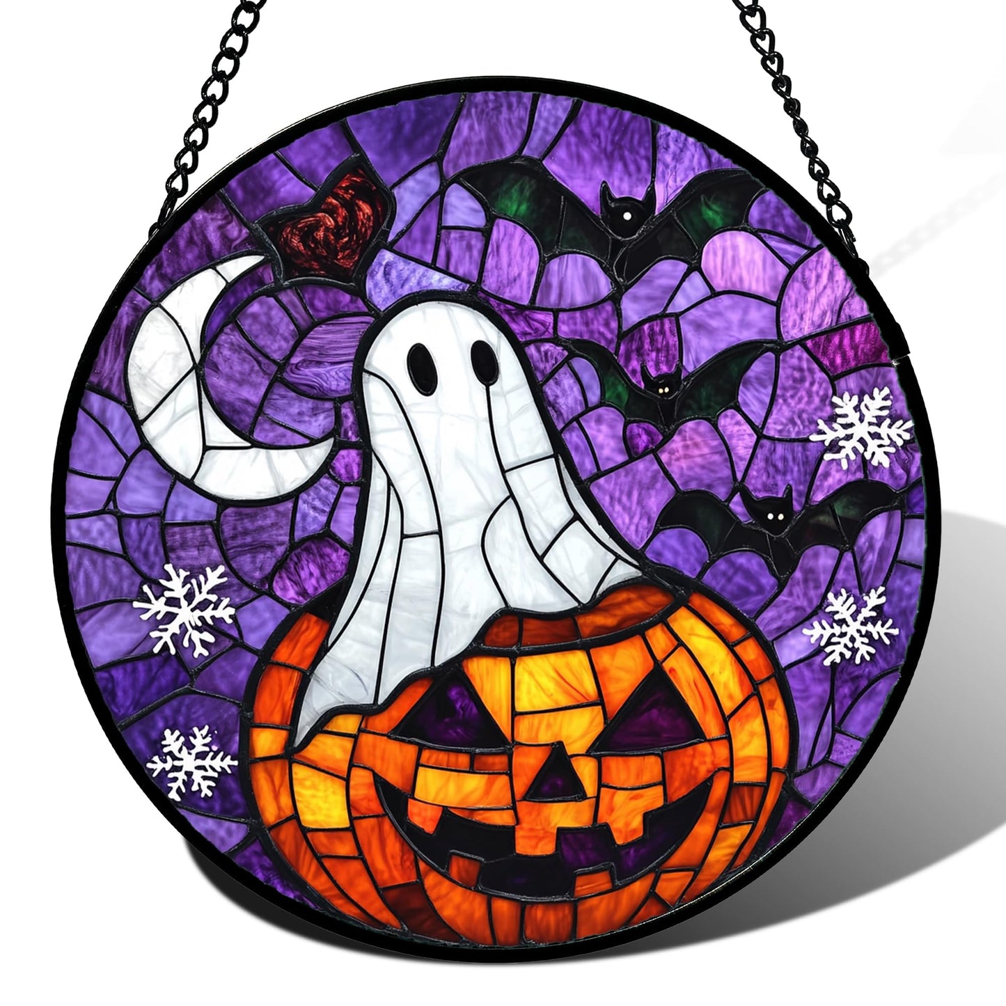 Stained Glass Window Hanging, Halloween Decorations Evil Pumpkin Suncatcher for Doors Garden Indoor Spooky Funny Orange Sun Catchers Gothic Decor Horror Gifts for Women Men Friend 15 in