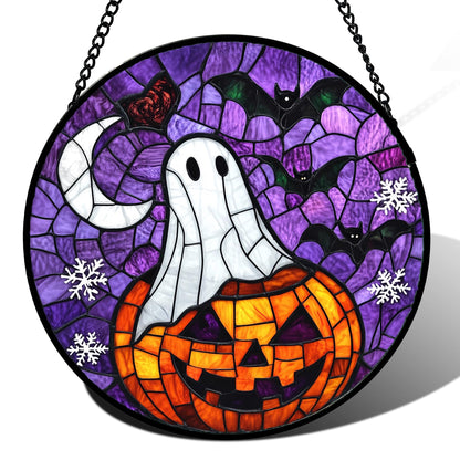 Stained Glass Window Hanging, Halloween Decorations Evil Pumpkin Suncatcher for Doors Garden Indoor Spooky Funny Orange Sun Catchers Gothic Decor Horror Gifts for Women Men Friend 15 in