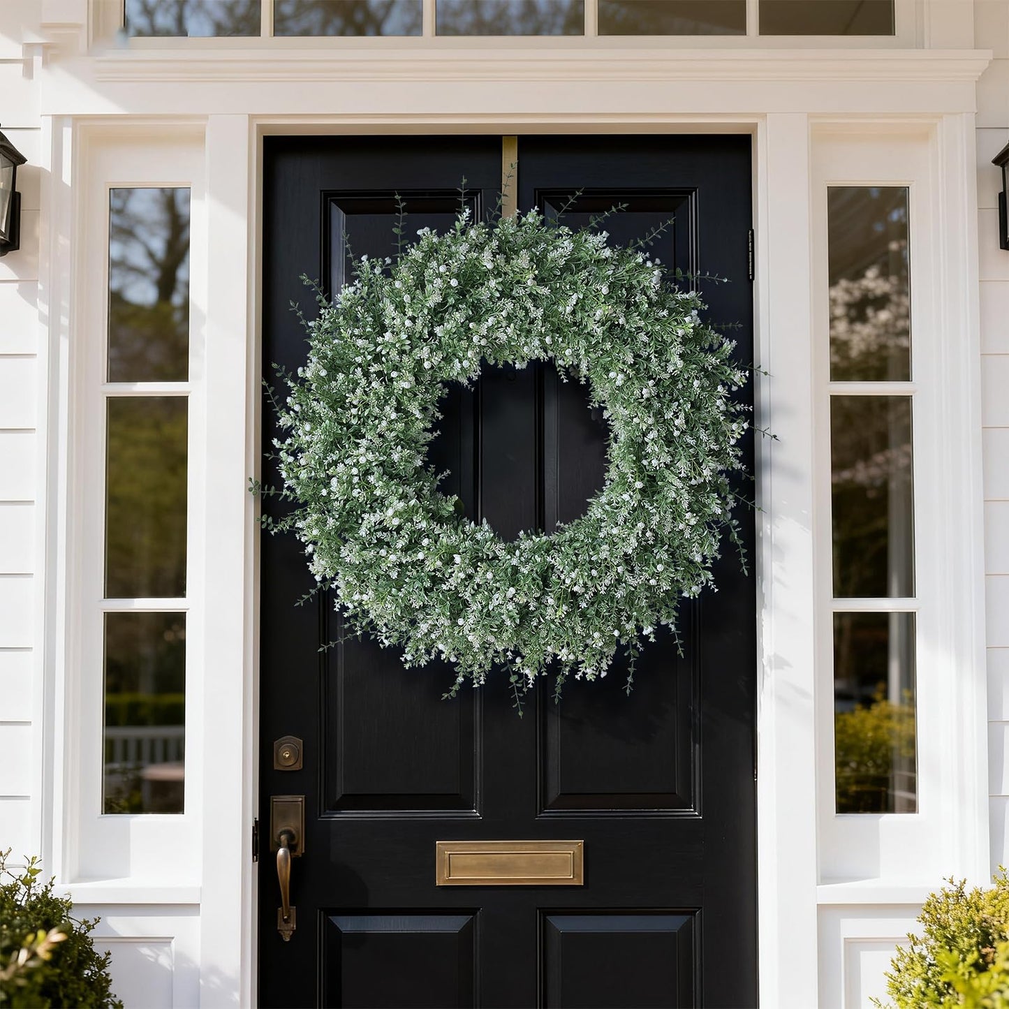32" Large Artificial Eucalyptus Wreath for Front Door(White-Green) | Weather Resistant,Lifelike Eucalyptus Lavender with Babys Breath Flowers Wreath,for Home Farmhouse Wall Year-Round Use Decor