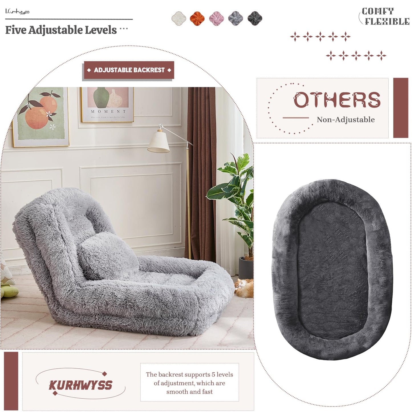 Upholstered Convertible Lounge Chair with 2 Soft Pillows