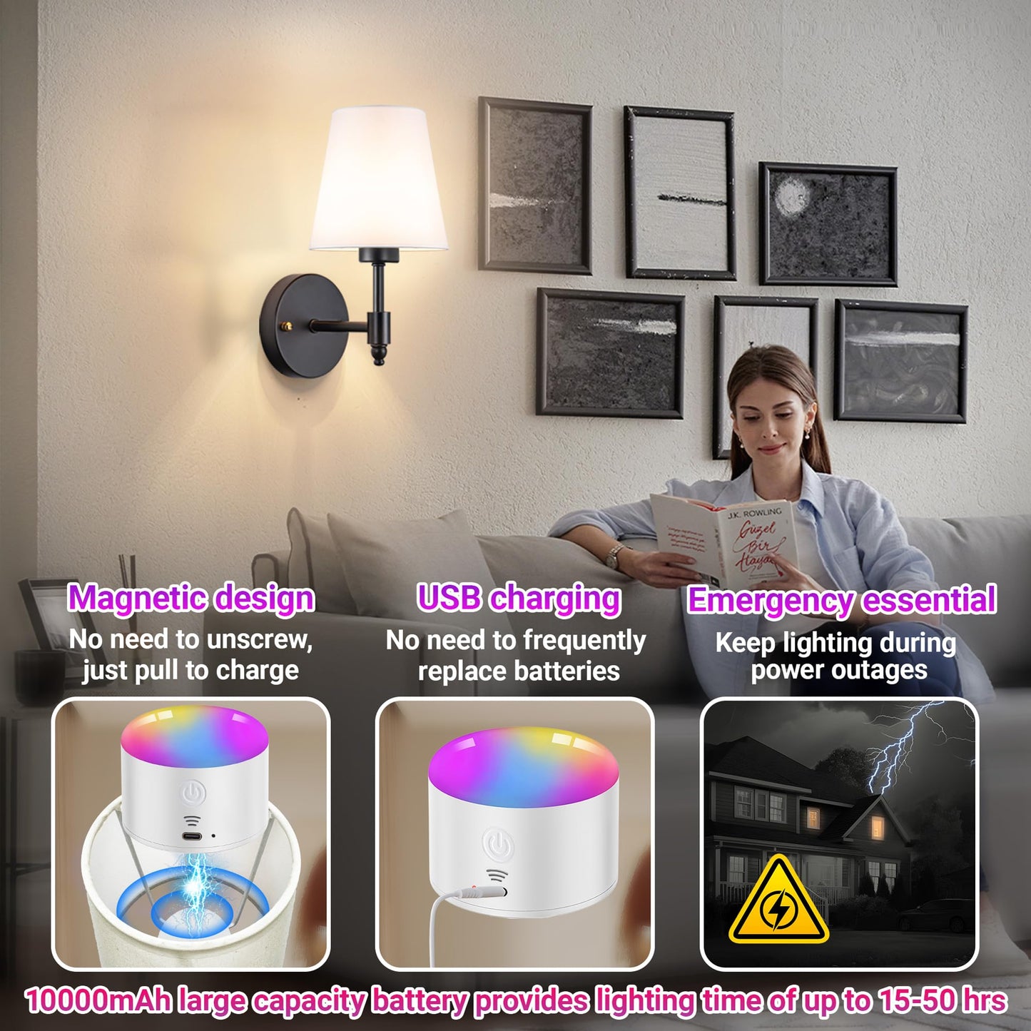 YHCDLAMP Battery Operated Wall Sconce Light with Remote Control, Dimmable Wall Sconce Set of 2 with White Fabric Shade, Wireless Battery Operated Wall Lamp for Bedroom Living Room, Bulb Included