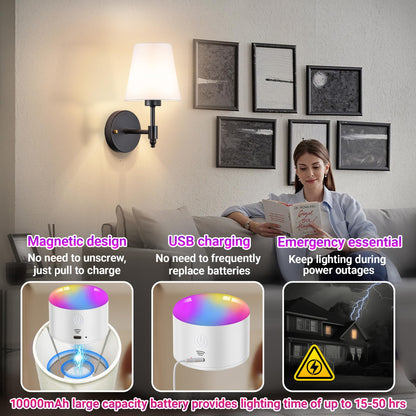 YHCDLAMP Battery Operated Wall Sconce Light with Remote Control, Dimmable Wall Sconce Set of 2 with White Fabric Shade, Wireless Battery Operated Wall Lamp for Bedroom Living Room, Bulb Included