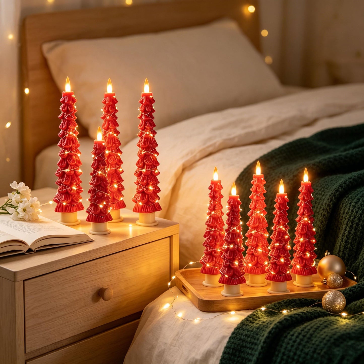 2 Pack White Christmas Tree LED Taper Candles, Flameless Flickering Candles with Copper String Lights, Upgraded Realistic Flame Effect, Battery Operated with Remote for Christmas Home Decoration