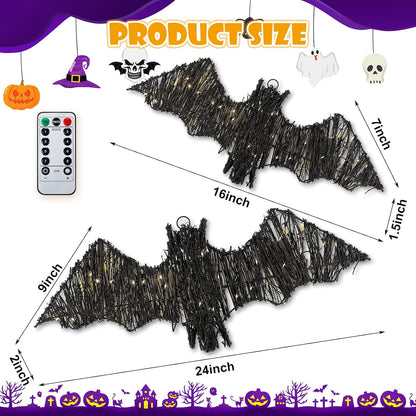 Glooglitter 2 Pack Rattan Bats with Hanging Loops Halloween Lights 3D Lit Woven Bats with Timer Remote for Rustic Modern Farmhouse Decorations