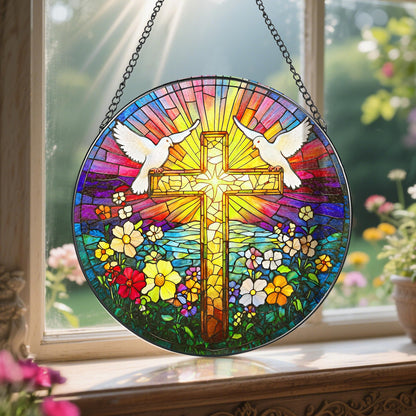 8-Inch Jesus with Cardinals Suncatcher Ornament, Stained Glass Window Hanging & Religious Christmas Ornament, Christian Window Decor — Memorial Gift, Christian Gifts for Her, Religious Gifts