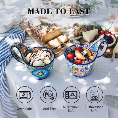 ALMA Handpainted Microwavable Soup Bowl with Loop Handle 18.6oz, Cereal Bowl With Handle Great for Berry, Fruits, Chili, Stew, Ice cream,Floral Soup Mug for Women