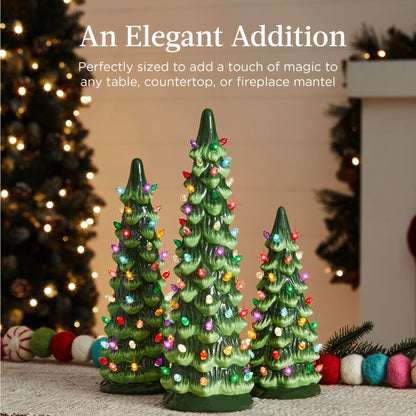 Best Choice Products Set of 3 Ceramic Christmas Trees, Pre-Lit Hand-Painted Tabletop Holiday Decoration w/Multicolor Bulbs, LED Lights – Green