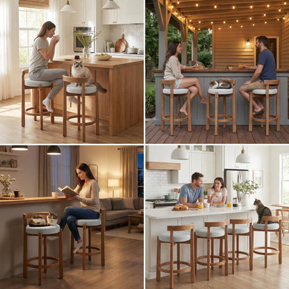 LukeAlon Mid Century Linen Counter Stools Set of 4, Upholstered 26.5” Seat Height Low Barstools with Natural Wood Legs Round Low Back Kitchen Stools with Footrest for Dining Room, Beige