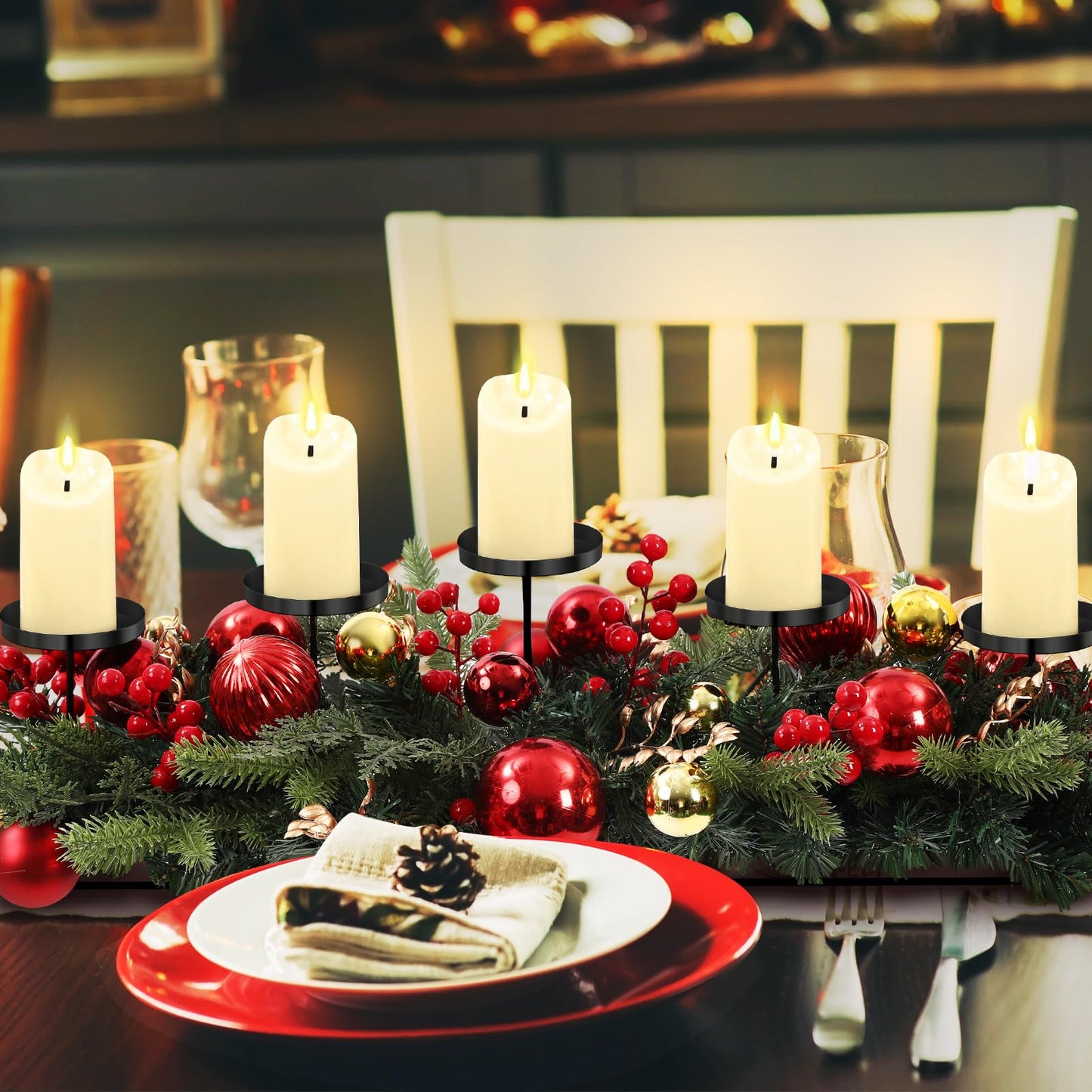 Funnymoom Christmas Tabletop Centerpiece 30 Inch Christmas Poinsettia Candle Holder with 5 Candle Artificial Table Decorations with Red Berries Gold Plants(Red Ball)