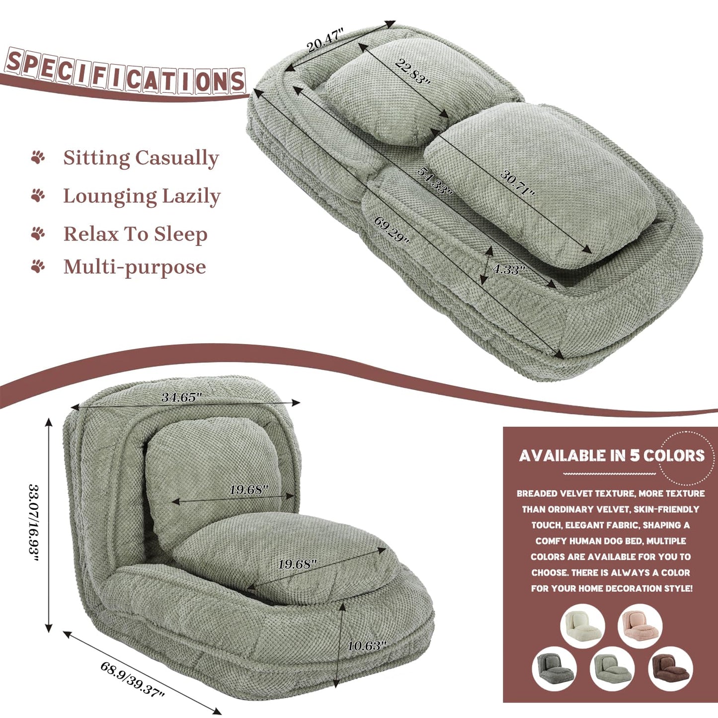 Upholstered Convertible Lounge Chair with 2 Soft Pillows