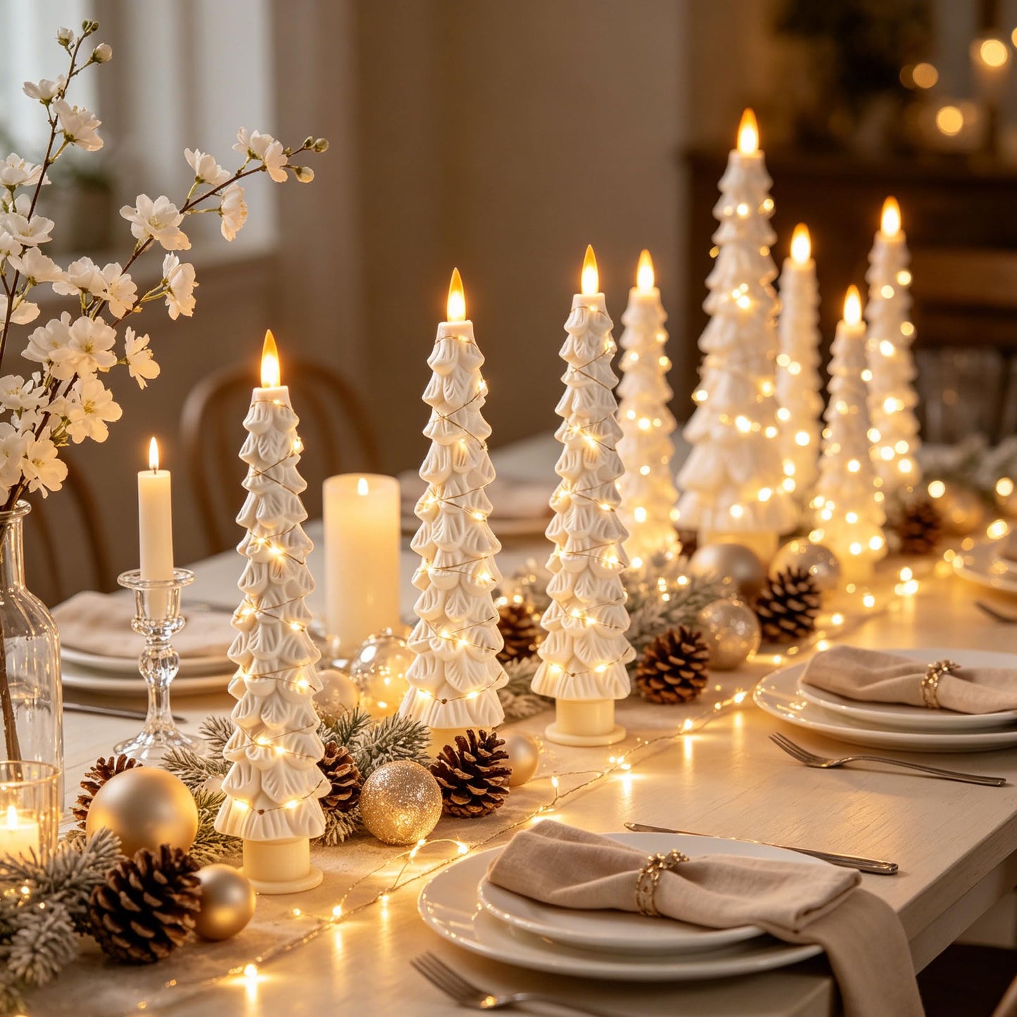 2 Pack White Christmas Tree LED Taper Candles, Flameless Flickering Candles with Copper String Lights, Upgraded Realistic Flame Effect, Battery Operated with Remote for Christmas Home Decoration