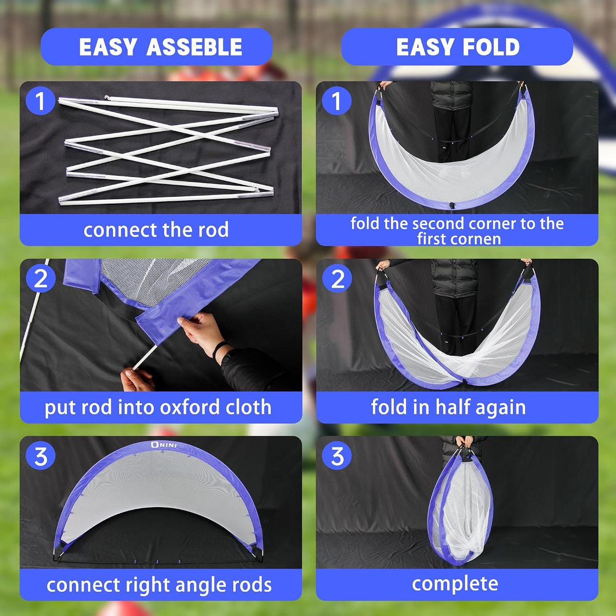Onini Upgrade 6 Foot Pop Up Soccer Goals Blue - Portable Foldable Training Football Net with Target and Bag - Ideal for Toddler, Boys, Youth Outdoor Sports Games(2 Pack)