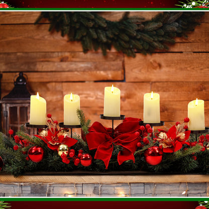 Funnymoom Christmas Tabletop Centerpiece 30 Inch Christmas Poinsettia Candle Holder with 5 Candle Artificial Table Decorations with Red Berries Gold Plants(Red Ball)
