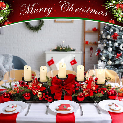 Funnymoom Christmas Tabletop Centerpiece 30 Inch Christmas Poinsettia Candle Holder with 5 Candle Artificial Table Decorations with Red Berries Gold Plants(Red Ball)