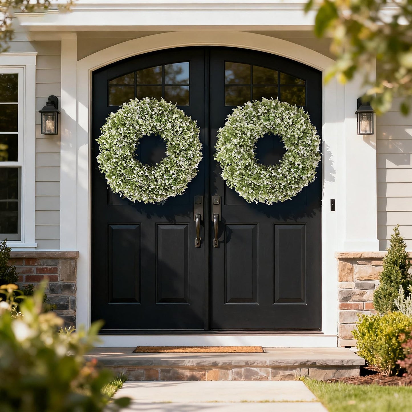 32" Large Artificial Boxwood Wreath for Front Door (White-Green) | Waterproof Fade Resistant,Premium Durable,Faux Aglaia Odorata Wreath,for Wall Window Farmhouse Outdoor All Seasons Decor