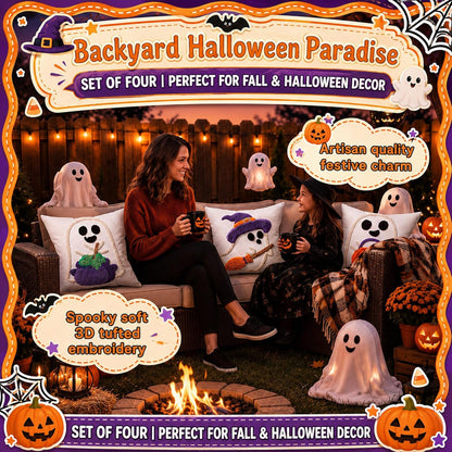 Irenare 4 Pcs 18 x 18 Inch Halloween Throw Pillow Covers Cute Ghost Witch Crochet Pillowcase Boo Embroidered Cushion Gift for Halloween Farmhouse Couch Sofa Home Decor