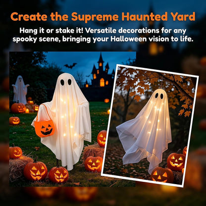 Solar Ghost Halloween Lights 2Pack Hanging Stake Yard Decor | Solar glowing ghost decor, rainproof, dual mount. Perfect lawn porch decor for Halloween fans.