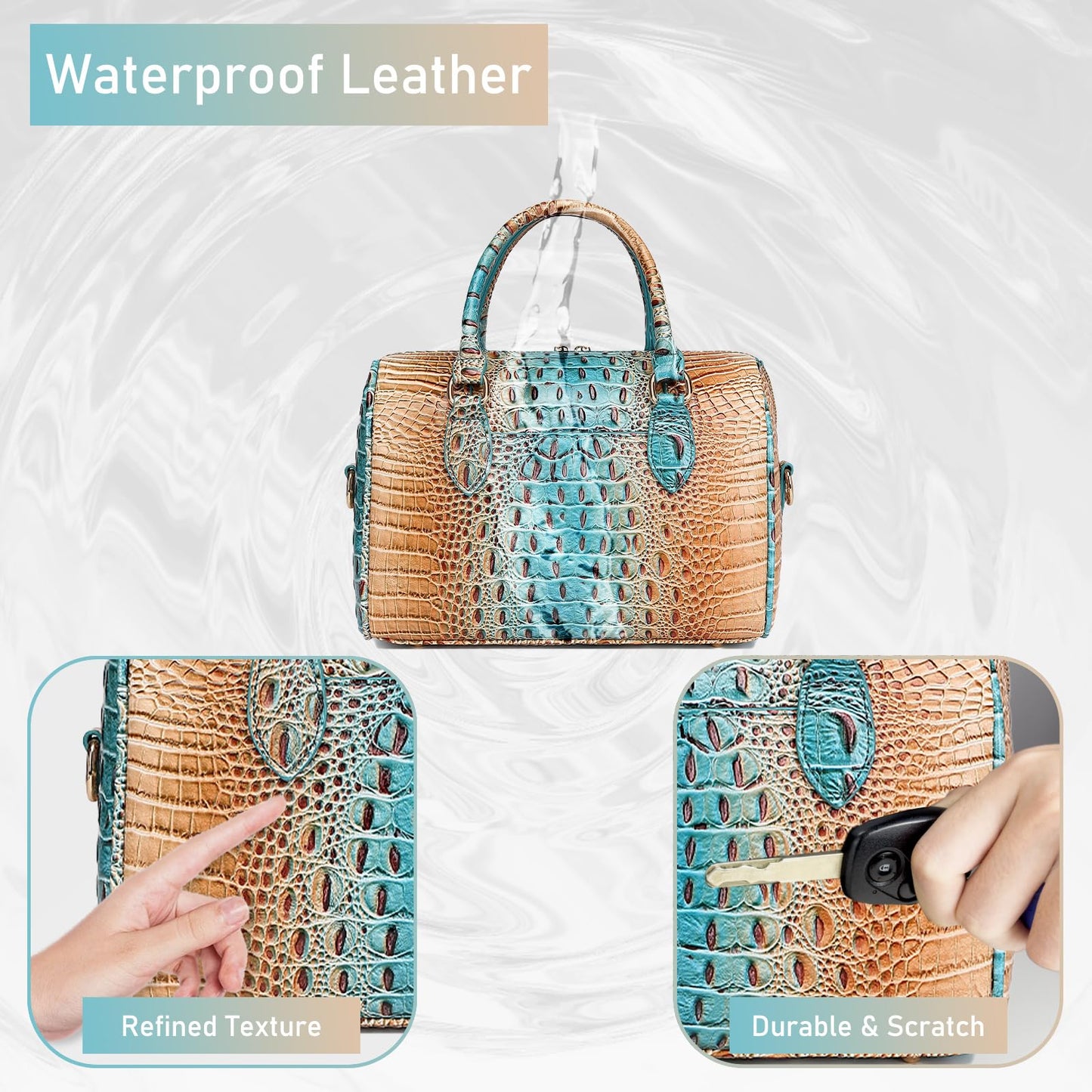 Makcr Joacbv Crocodile Handbag for Women Top Handle Leather Shoulder Purse | Glossy crocodile-embossed vegan leather with rolled handles, buckle details, a structured dome shape, and adjustable strap.