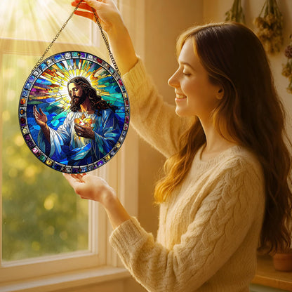 8-Inch Jesus with Cardinals Suncatcher Ornament, Stained Glass Window Hanging & Religious Christmas Ornament, Christian Window Decor — Memorial Gift, Christian Gifts for Her, Religious Gifts