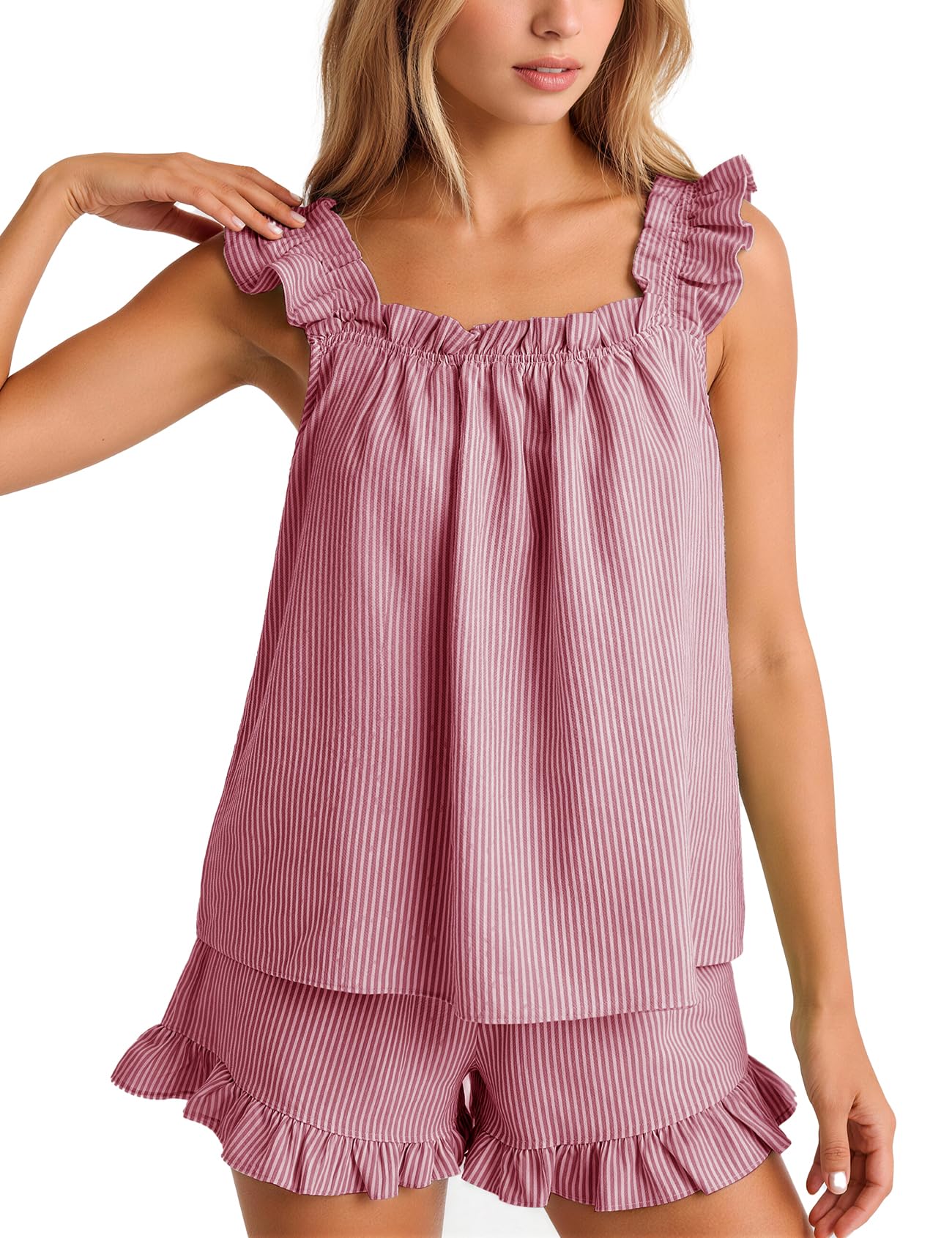 Flygo Striped Pajamas Set for Women Cotton 2 Piece Lounge Sets Ruffle Cami Top and Shorts Cute Summer Pj Sleepwear
