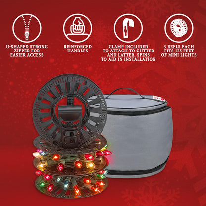 HOLDN’ STORAGE Premium Christmas Light Storage Bag – Heavy Duty Tear Proof 600D/Inside PVC Material with Reinforced Handles - 3 Reels Stores up to 375 Ft of Mini Tree Lights & Extension Cords Red