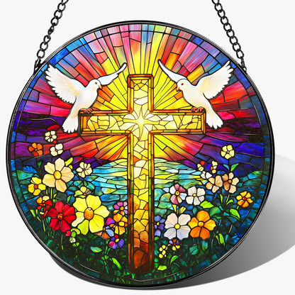 8-Inch Jesus with Cardinals Suncatcher Ornament, Stained Glass Window Hanging & Religious Christmas Ornament, Christian Window Decor — Memorial Gift, Christian Gifts for Her, Religious Gifts
