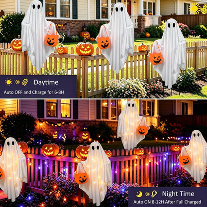 Solar Ghost Halloween Lights 2Pack Hanging Stake Yard Decor | Solar glowing ghost decor, rainproof, dual mount. Perfect lawn porch decor for Halloween fans.