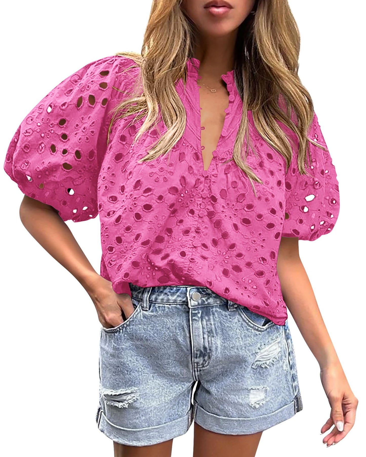 PRETTYGARDEN Womens Tops Boho Eyelet Puff Sleeve Blouse