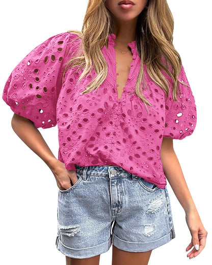 PRETTYGARDEN Womens Tops Boho Eyelet Puff Sleeve Blouse