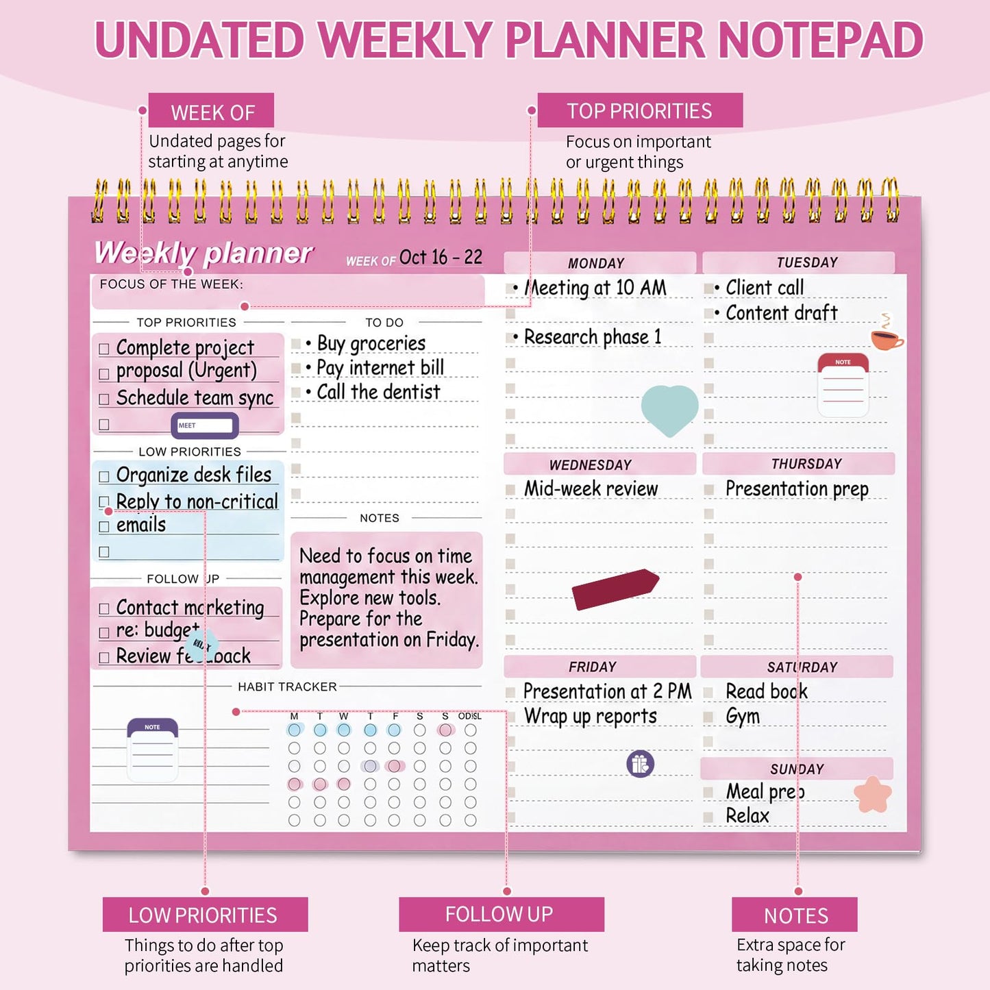Thboxes Weekly Desk Planner, 8.5x11 In To Do List Notepad, 52 Sheets, Pink | Productivity Organizer, Work from Home Essentials, Undated Tear Off Pages, Office, College, School, Student and Teacher Gifts