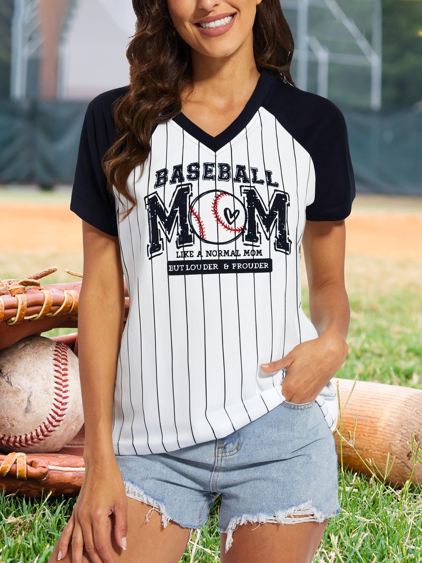 Baseball Mom Shirts for Women V Neck Baseball Stripe Outfits