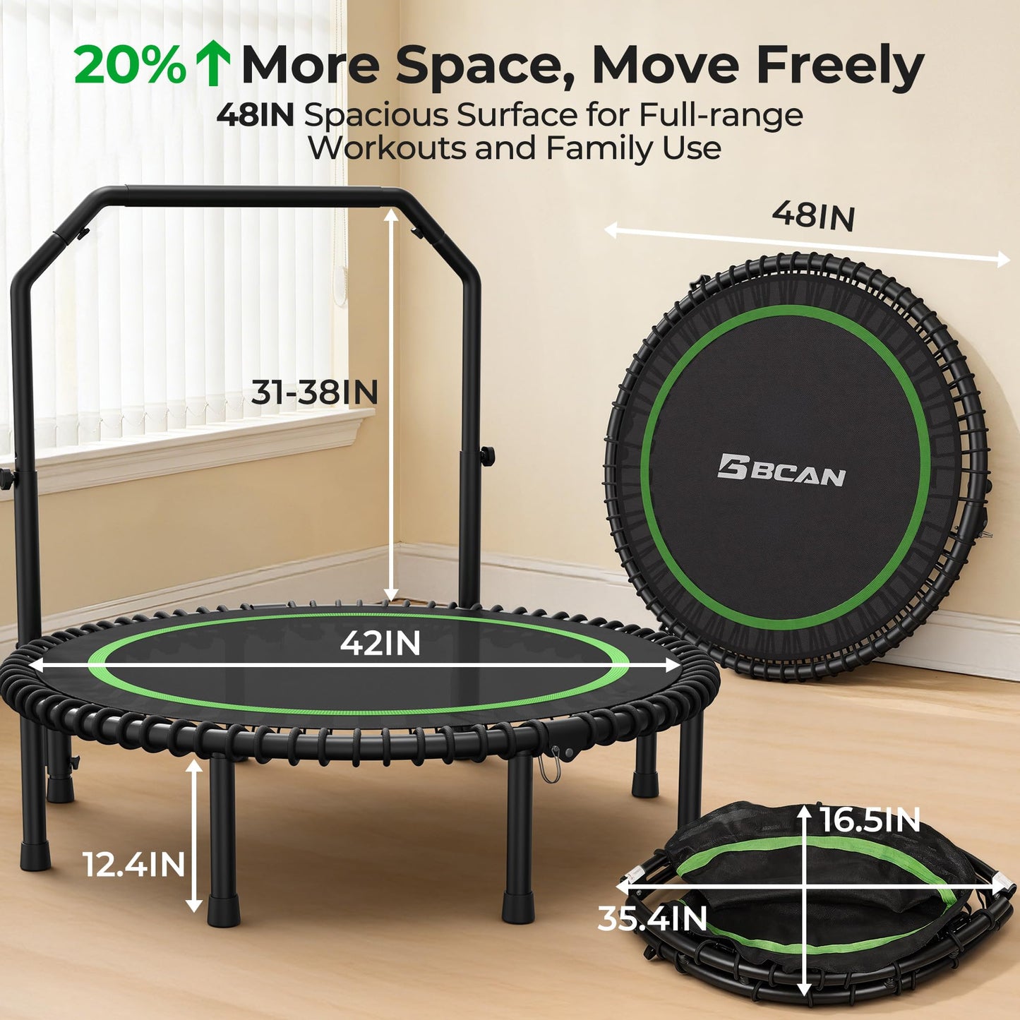 BCAN BT2 450/550LBS Mini Rebounder Trampoline for Adults with Bar, Fitness Trampoline with Bungees, Adjustable Handle, Stable & Quiet, Indoor Outdoor, Whole-Body Workout - 40IN/48IN | FED Fitness