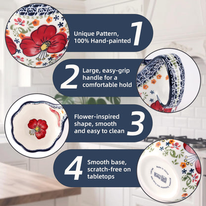 ALMA Handpainted Microwavable Soup Bowl with Loop Handle 18.6oz, Cereal Bowl With Handle Great for Berry, Fruits, Chili, Stew, Ice cream,Floral Soup Mug for Women