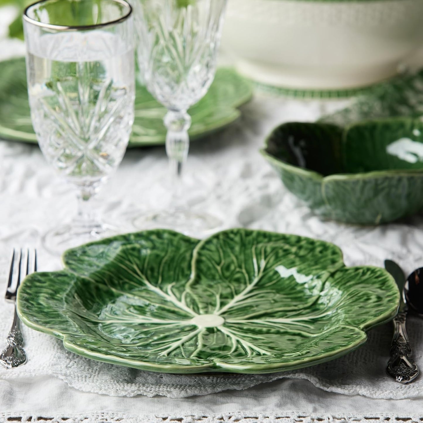 Le Jardin Green Cabbage Plates - Dinner, SET OF FOUR -11" Sculpted Green Stoneware Leaf Plates – Seasonal Garden-Inspired Tableware for Spring & Summer Dining and Entertaining