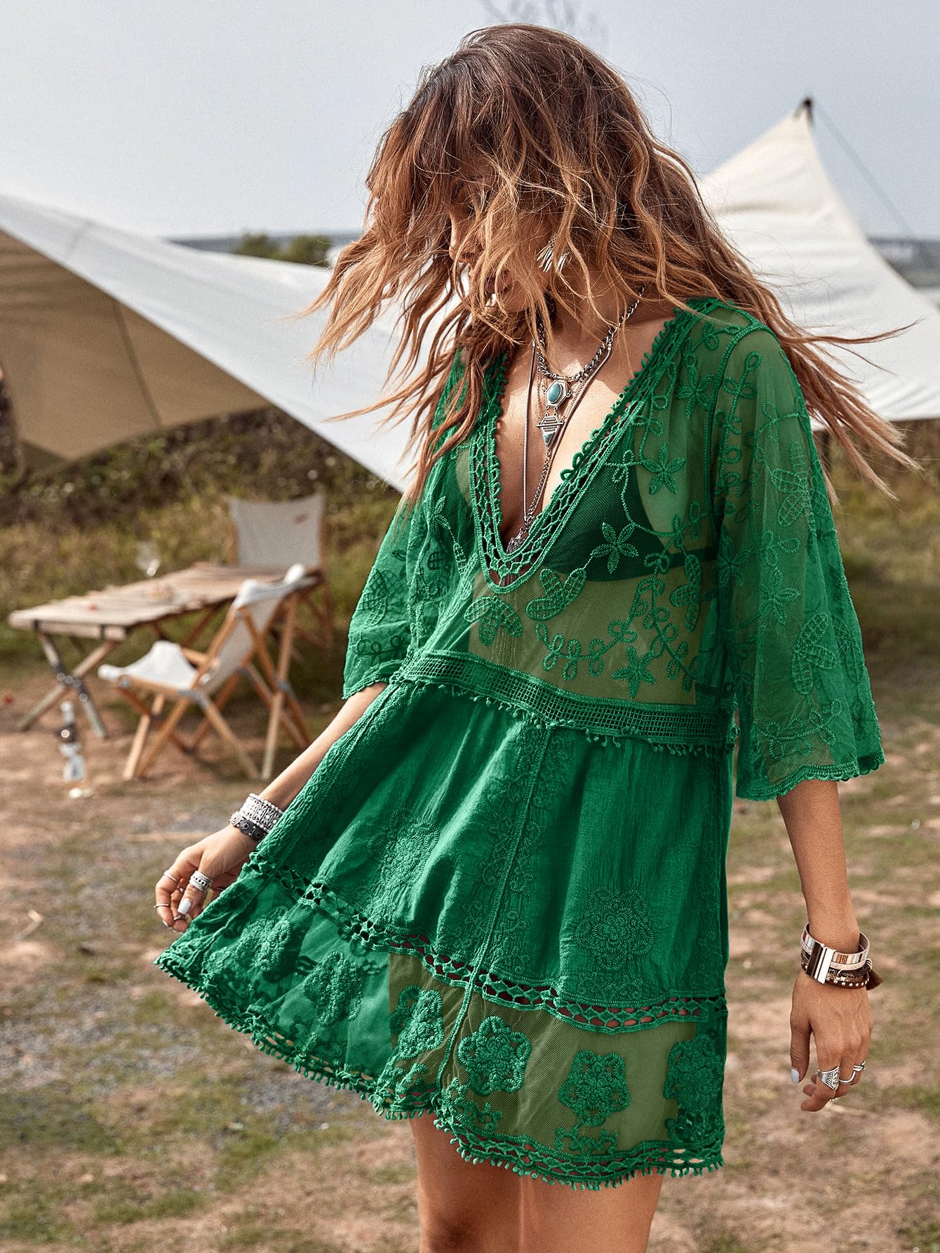Eomenie Women's Contrast Lace Bathing Suit Cover Up V-Neck Swimsuit Coverups Loose Swimwear Beach Dress Beachwear