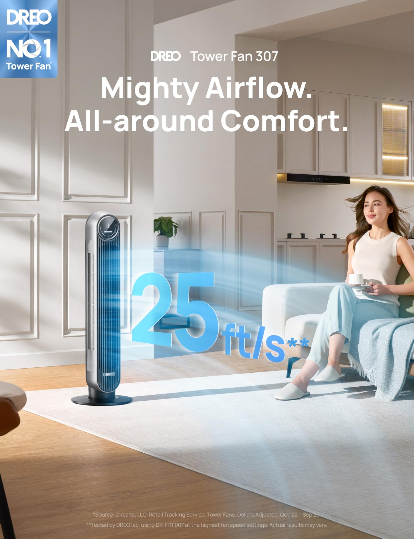 DREO Tower Fan for Bedroom, 2026 Upgraded DC Motor, 28ft/s High Velocity, 20dB Ultra Quiet Standing Fan, 8 Speeds 4 Modes, 90° Oscillating Bladeless Fan for Indoors, Floor Fans with Remote, Black