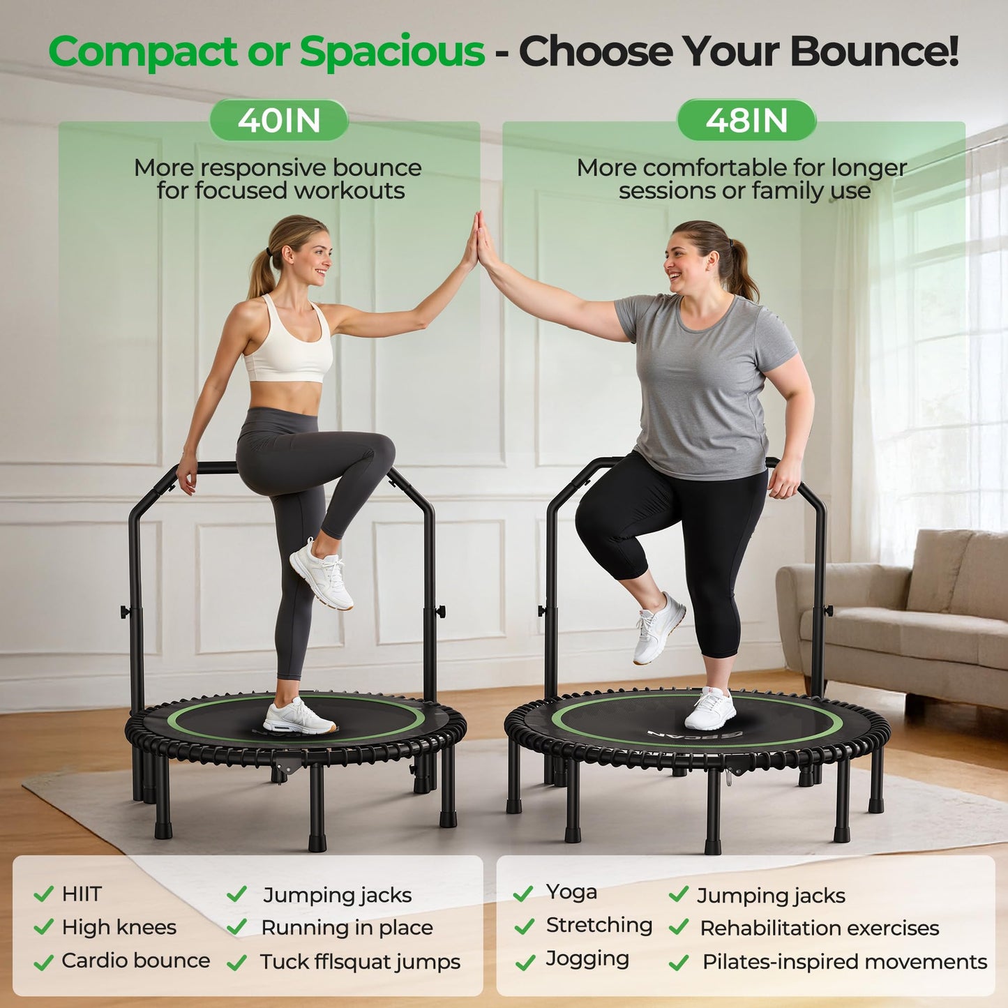 BCAN BT2 450/550LBS Mini Rebounder Trampoline for Adults with Bar, Fitness Trampoline with Bungees, Adjustable Handle, Stable & Quiet, Indoor Outdoor, Whole-Body Workout - 40IN/48IN | FED Fitness