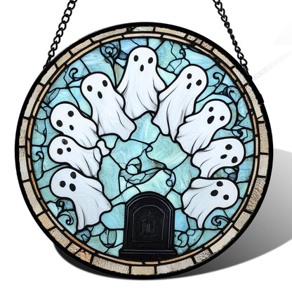 Stained Glass Window Hanging, Halloween Decorations Evil Pumpkin Suncatcher for Doors Garden Indoor Spooky Funny Orange Sun Catchers Gothic Decor Horror Gifts for Women Men Friend 15 in