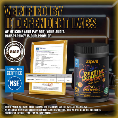 Creatine Monohydrate Gummies, NSF Certified Creatine Gummy, 5g Dose for Men & Women to Support Muscle, Strength, Recovery, Cognitive Health & Memory, Pineapple Flavor, 135 Gummies