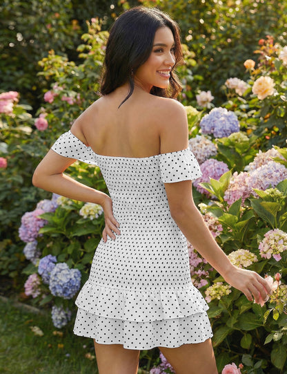 FOMELY Women's Polka Dot Off Shoulder Mini Dress Summer Ruffle Hem Smocked Bodycon Vacation Short Dresses 2026
