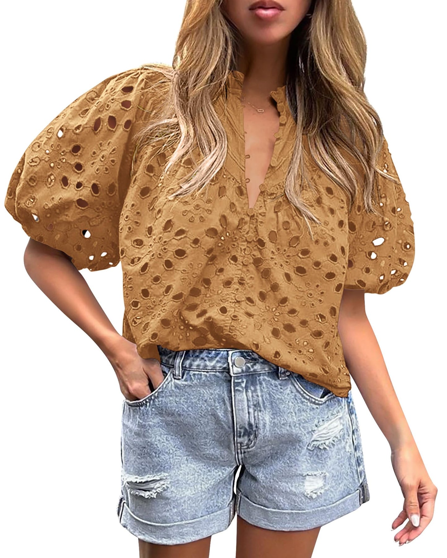 PRETTYGARDEN Womens Tops Boho Eyelet Puff Sleeve Blouse
