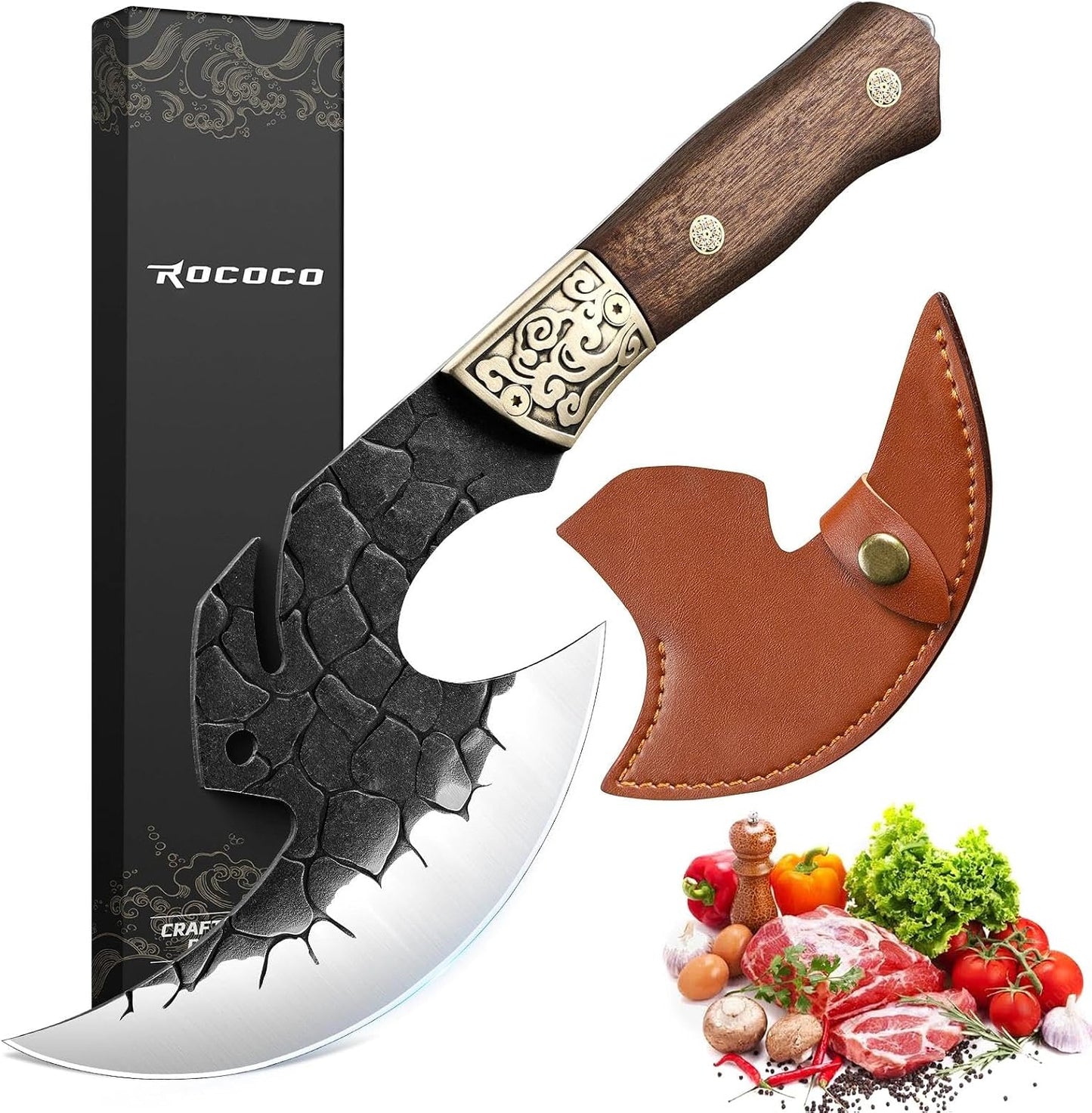 ROCOCO Viking Cleaver Knife Birthday - Kitchen Axe & Sheath Father Gift Men | Hand Forged High Carbon Steel Butcher Meat Cutting Boning Knife for Home Outdoor BBQ Camping Chirstmas Mother