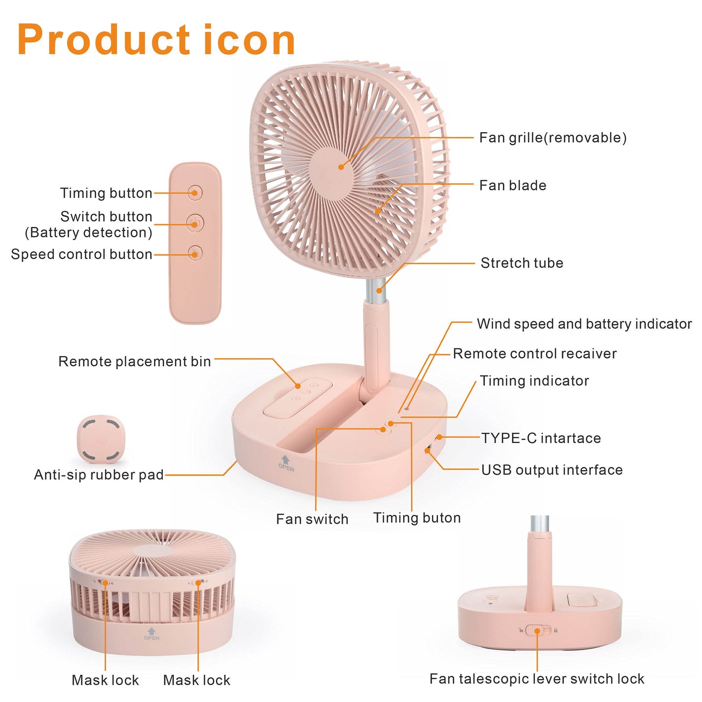Magesh Portable Pedestal Fan - Foldaway Standing Fan Foldable Desk Fan, Use 7200Mah Rechargeable Battery, Remote Control Telescopic 4 Speed Quiet Timer Fan for Home Kitchen Outdoor Camping (Pink)