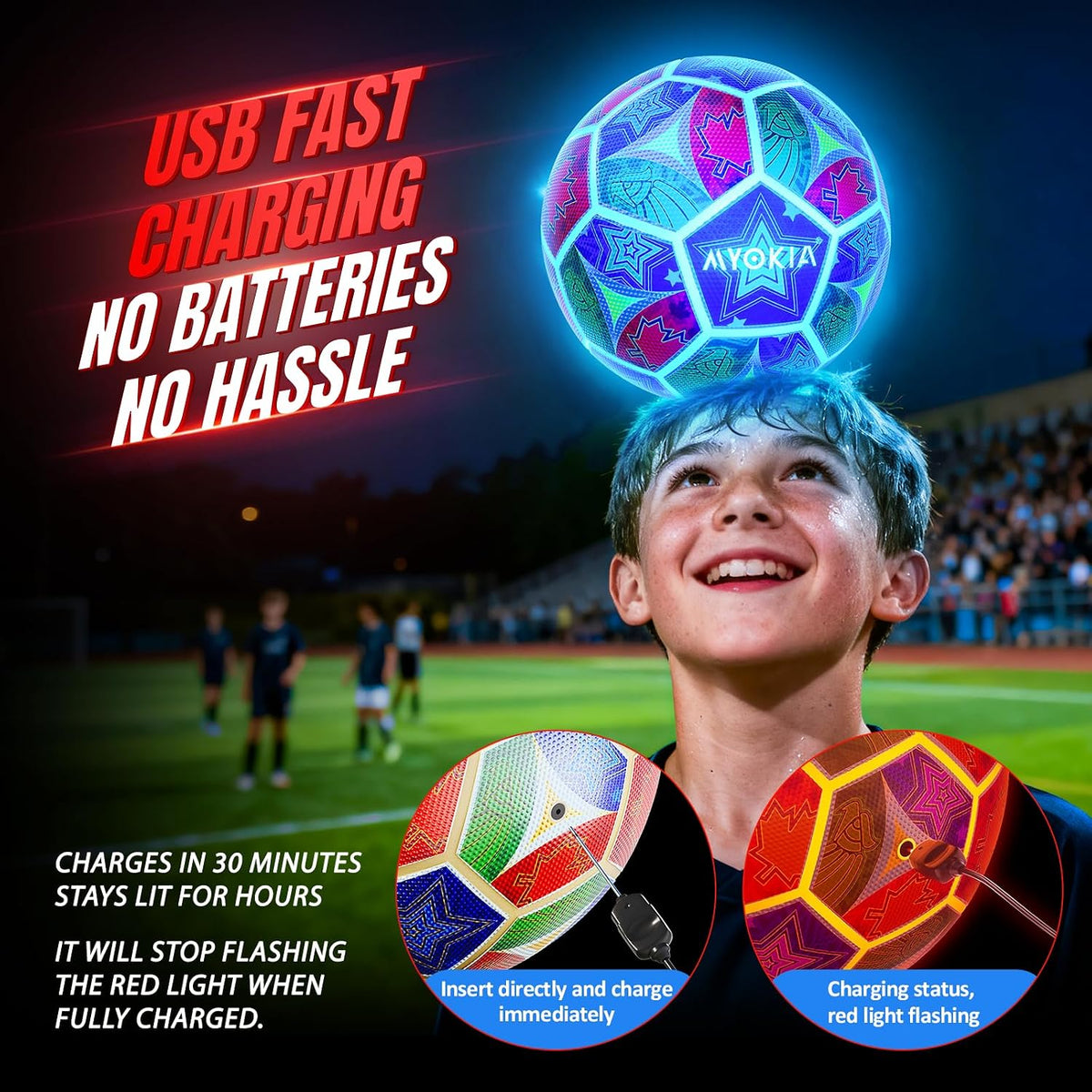 Rechargeable Light Up Soccer Ball Size 5 Tri-Color Glow in Dark