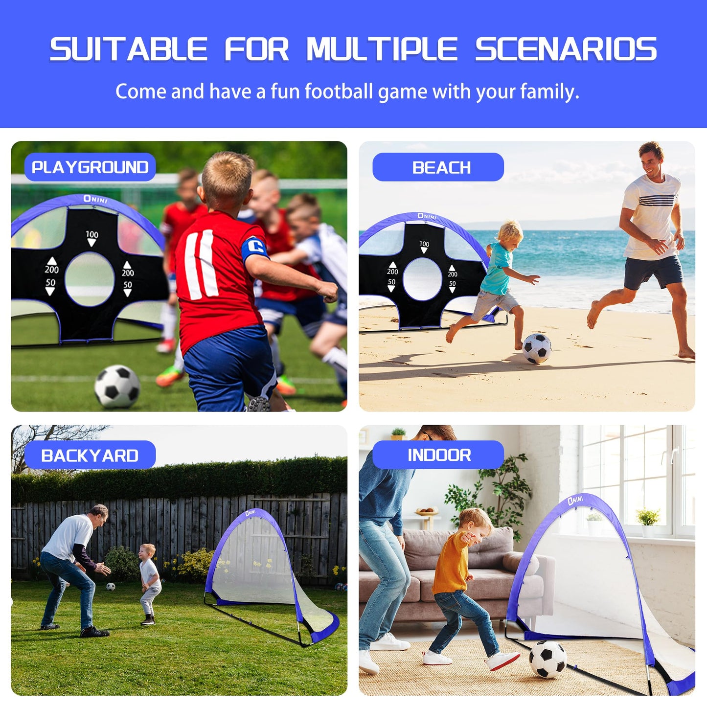 Onini Upgrade 6 Foot Pop Up Soccer Goals Blue - Portable Foldable Training Football Net with Target and Bag - Ideal for Toddler, Boys, Youth Outdoor Sports Games(2 Pack)