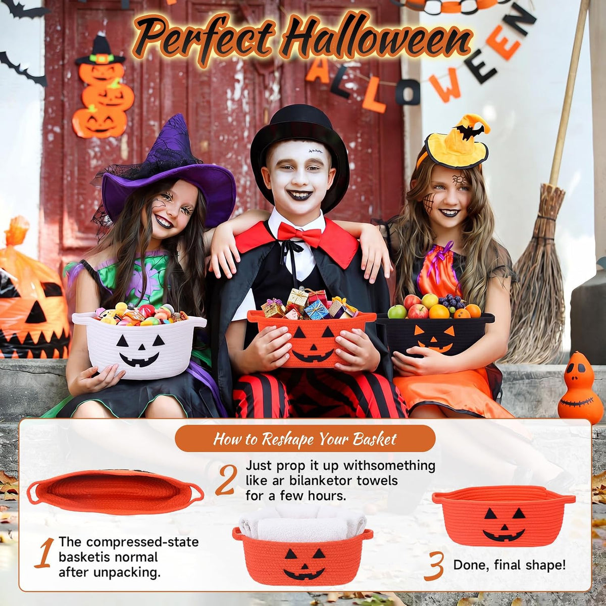 Newtay 3 Pcs Halloween Spooky Woven Baskets Set Empty Gift Baskets